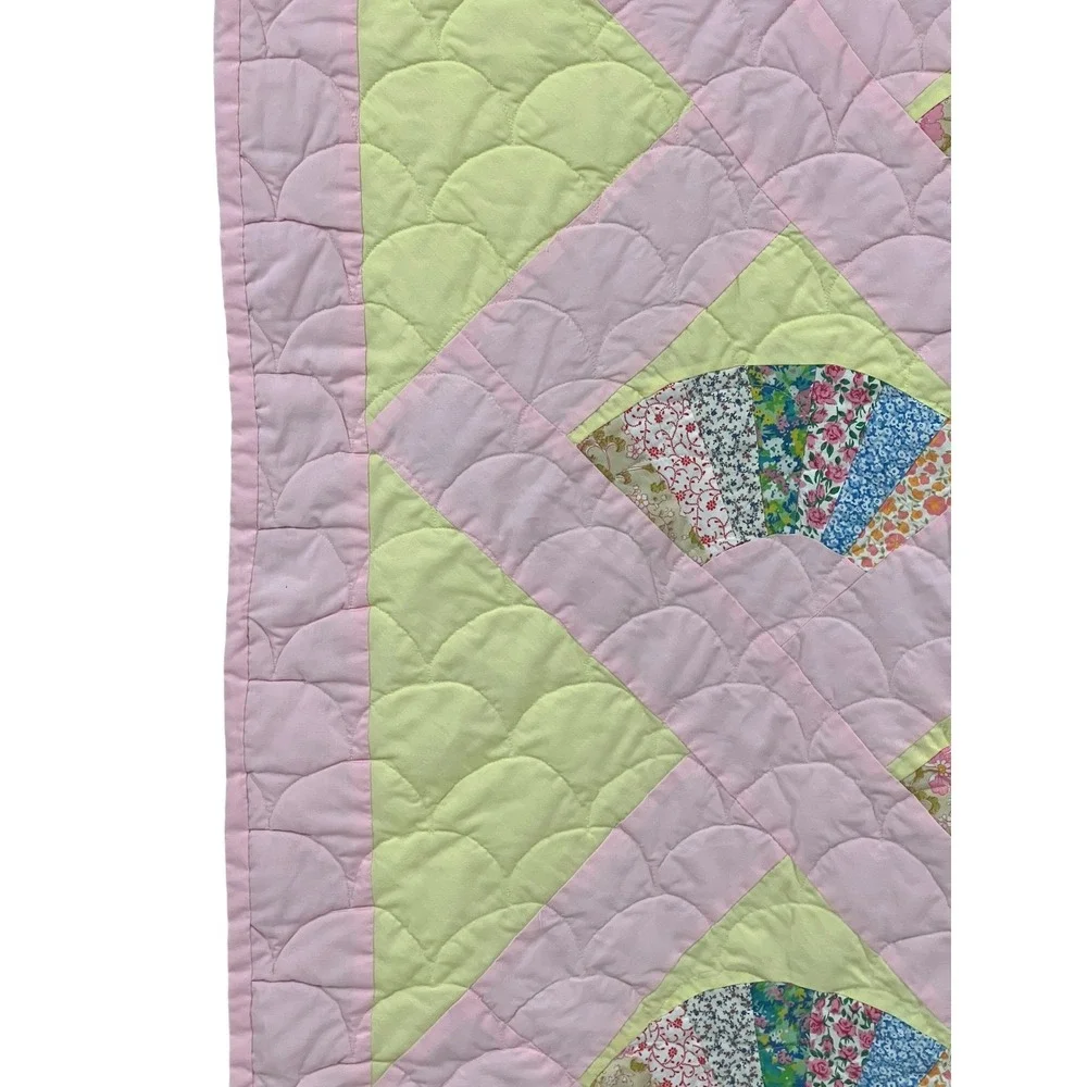 Handmade Fan Block Quilt Pastel Cottagecore Patchwork Throw 42x54